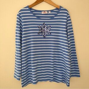 Quacker Factory Long Sleeve Top Size 1X Sequin Snowflake‎ Blue Striped Holiday